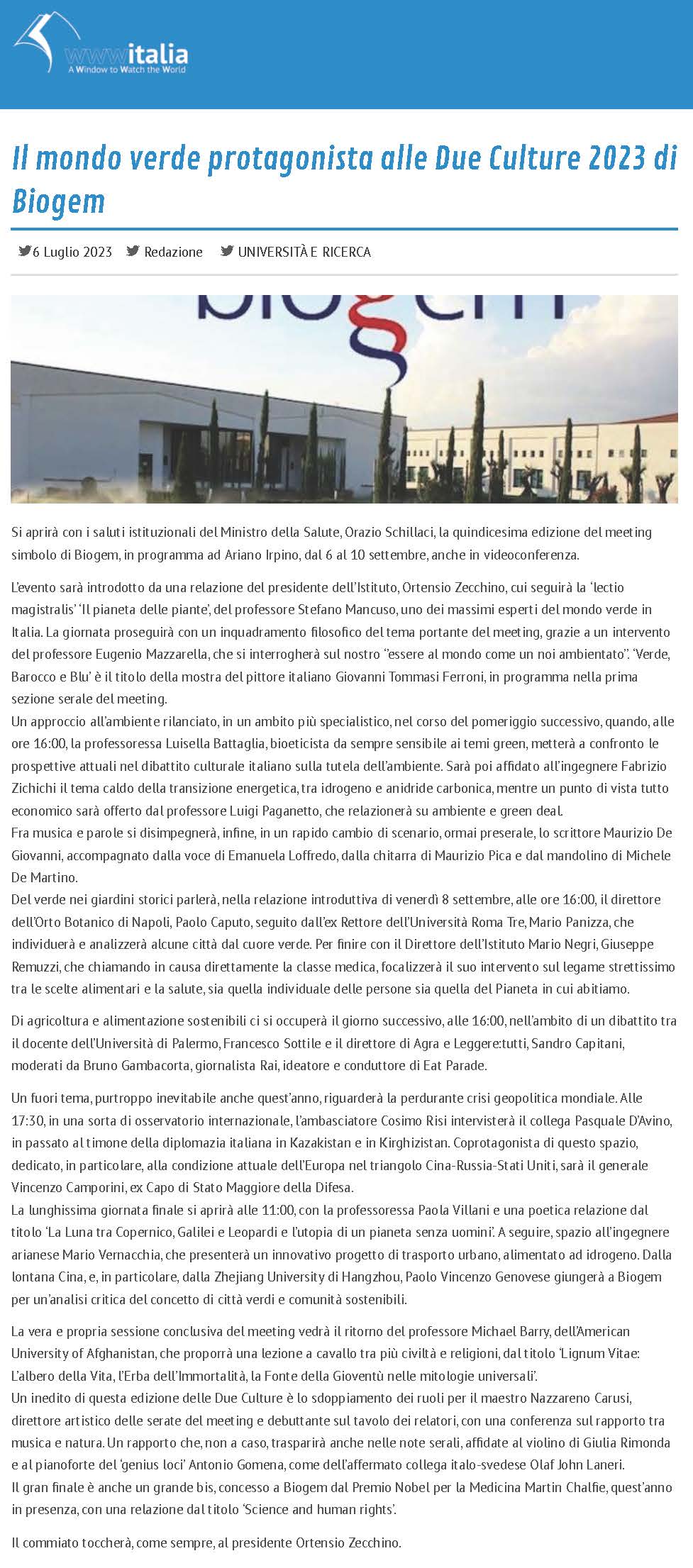 Il mondo verde protagonista alle Due Culture 2023 di Biogem